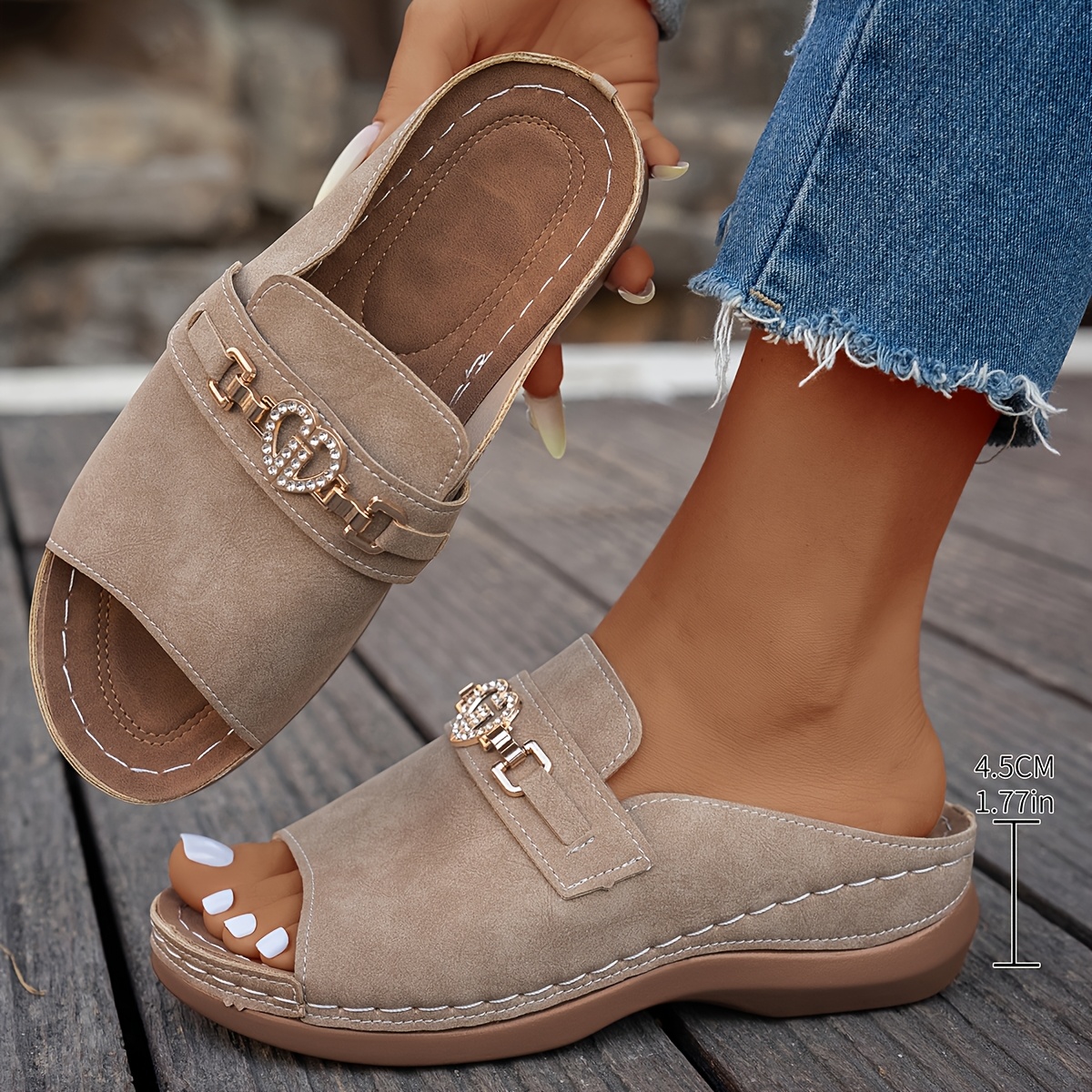 E-shop Damen Plus Size Casual Mode Bequeme Elegante Einfache Dicke Plateau Vielseitige Herz Strass Keil Outdoor Strand Offene Sandalen, Damenschuhe
