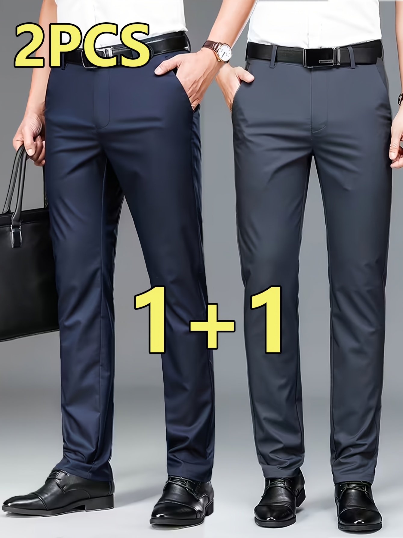 2pcs Men's Professional Business Dress Pants, Office Trousers with Stretch, Versatile Black Straight-Leg Casual Pants for Work