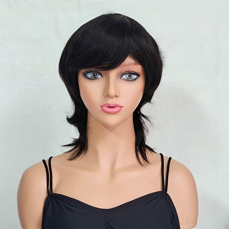 Short Wig For From Human Hair, Featuring A Glueless Design And A Cut. It Has A Fluffy Style With A Long Ponytail And Bangs, In Hair Color, Perfect For Daily Wear And Special Occasions