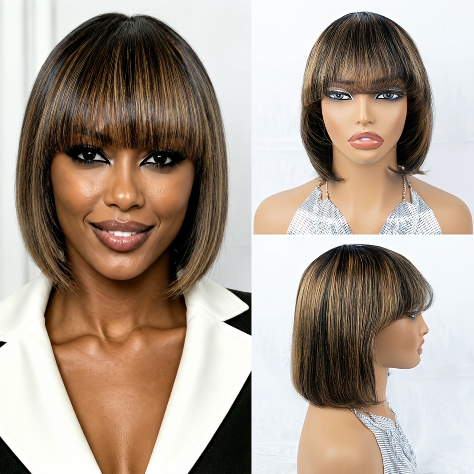 Image of 1b/30 Mixed Color Women's Straight Bob Human Hair Wig With Bangs Short Straight Bob (machine-made), Density For Daily & Party & Holiday Wear, Mother's Day, Suitable For Tones