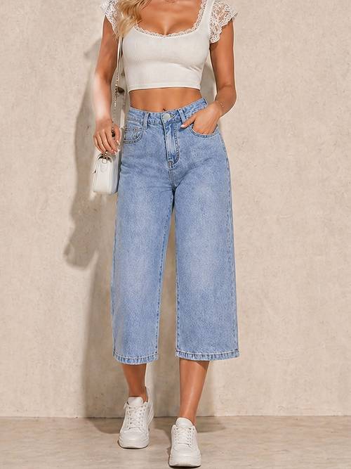 pantaloni capri de denim albastru deschis cu talie înaltă pentru femei, control al abdomenului cu talie înaltă, croi lejer drept, material denim moale, elastic și respirabil, pentru picioare și acoperirea șoldurilor, potriviți pentru silueta de pară și măr, pantaloni de