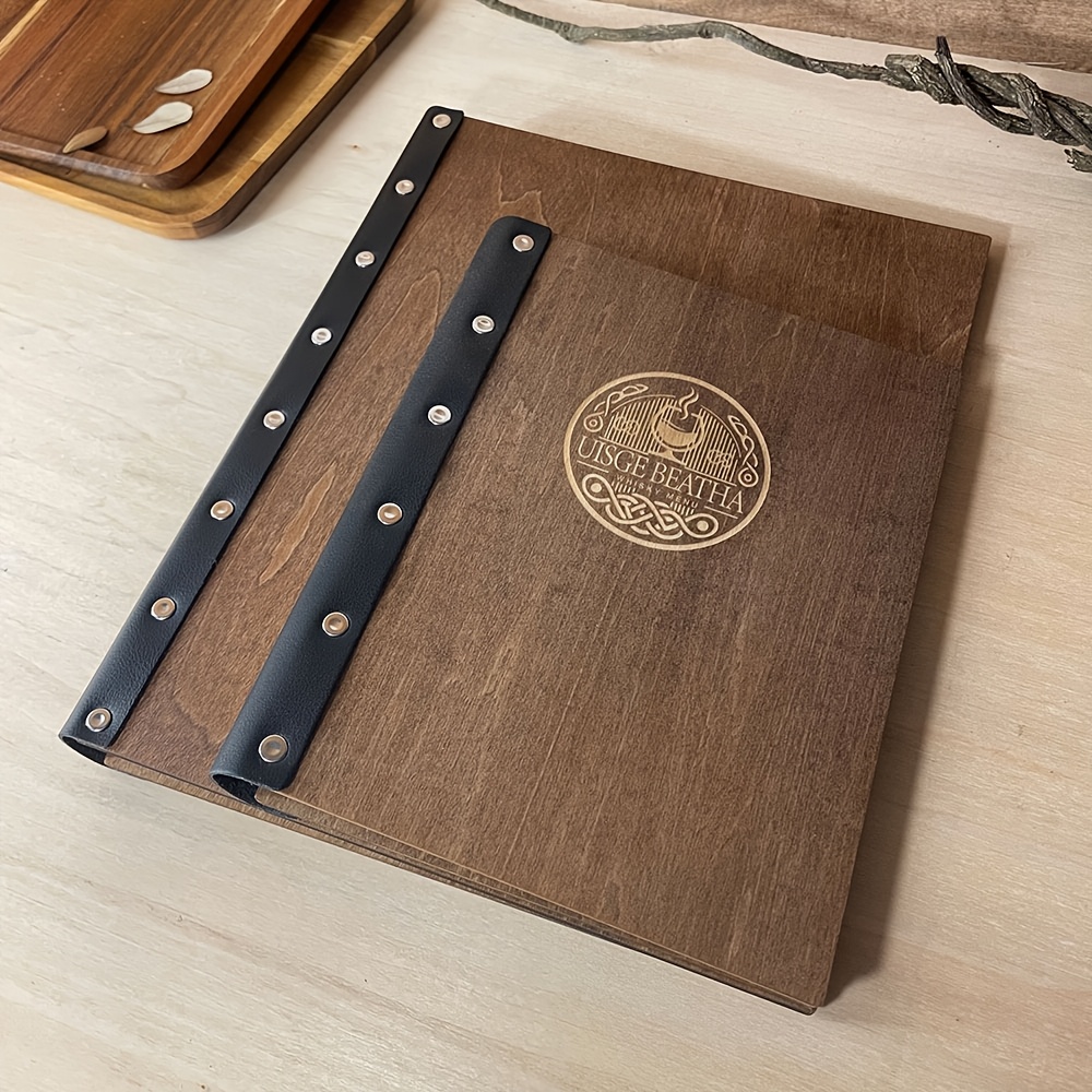 TEMU Custom Engraved Artificial Wood Menu Cover With 2 Binders - Hardcover Restaurant Menu Holder For Sheets, Durable & Stylish Design For Cafes,