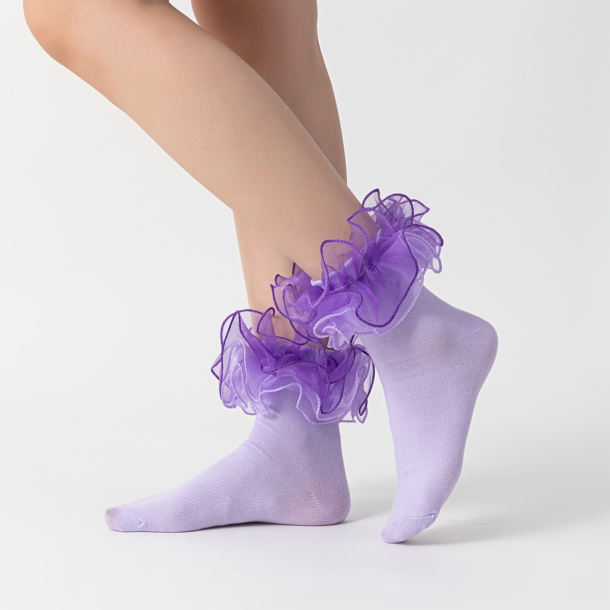 TEMU Chaussettes Femme en Dentelle de Couleurs Variées ; Chaussettes à Ourlet Volanté