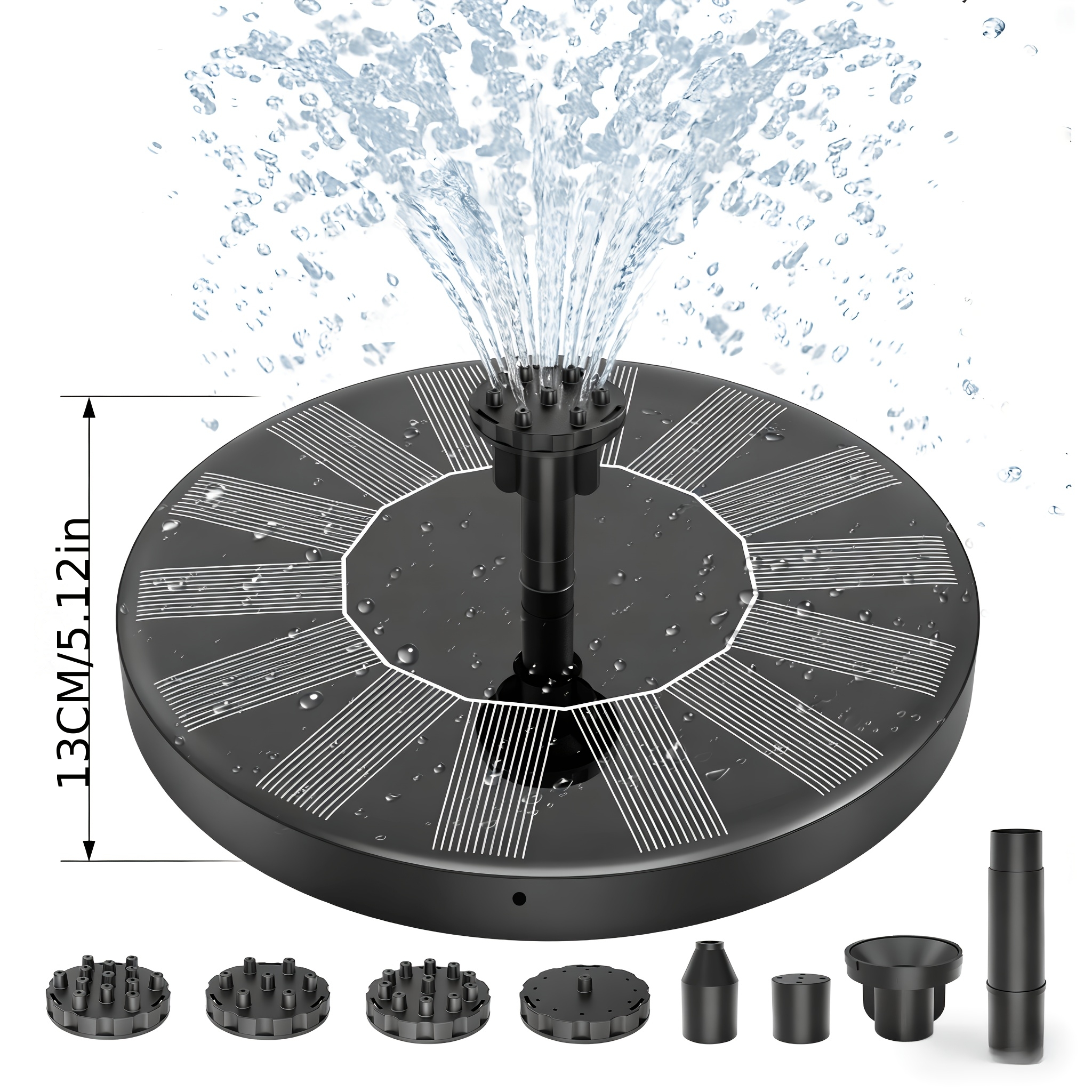 item picture   powered fountain designed for gardens   pools and outdoor spaces featuring a bird bath pump with six nozzles it operates   a power range of 1 2w to 3 5w and has an ipx8   it   boasts a portable freestanding design