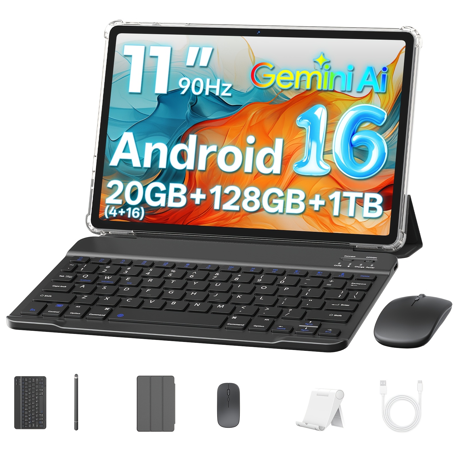 najnowszy tablet 2026, 11-calowy, 20gb   (4+16gb) z 128gb pamięcią rozszerzalną do 1tb kartą tf, w zestawie etui ochronne, rysik, klawiatura i mysz, procesor  -core, rozdzielczość hd 1280x800, bateria 8800mah z ntc, certyfikat   l1, aparaty 8mp + 13mp, wifi 2.4g + 5g, gps, system  