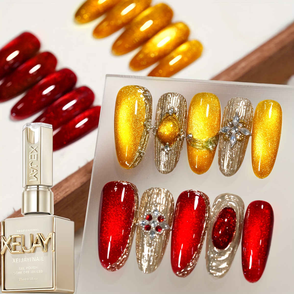 Magnetic Cat Eye Nail Polish Set - 2 Colors (Red/Copper & Golden), Holographic Shimmer