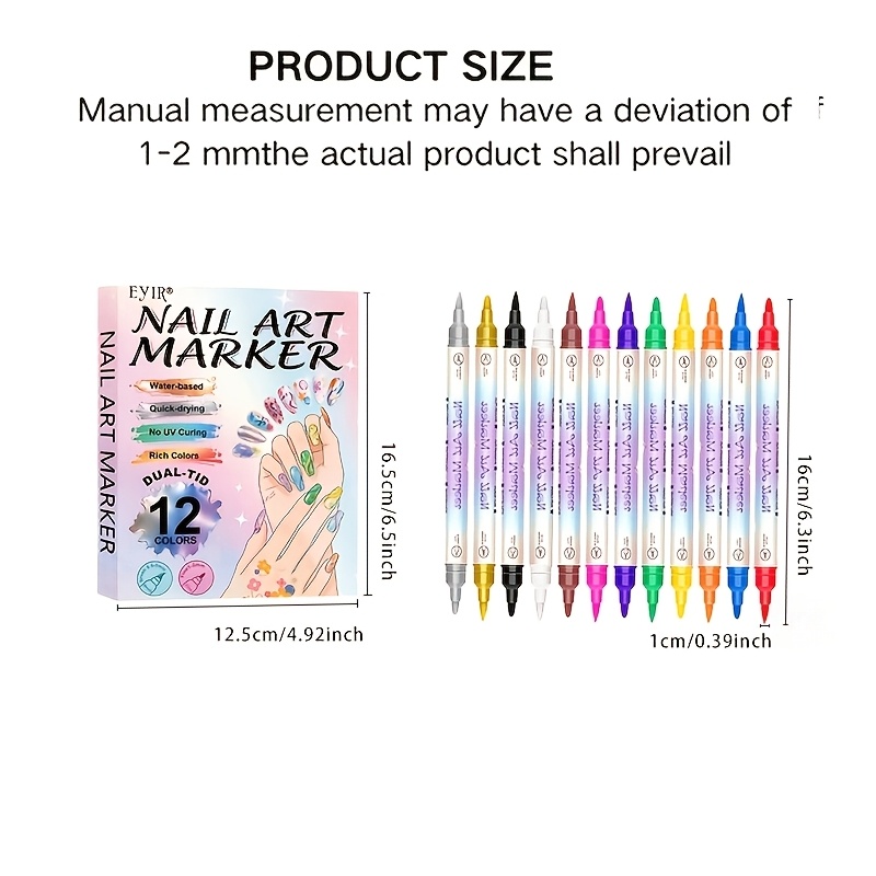 12-Color Metallic Nail Art Brush Set with Dual-Tip Design