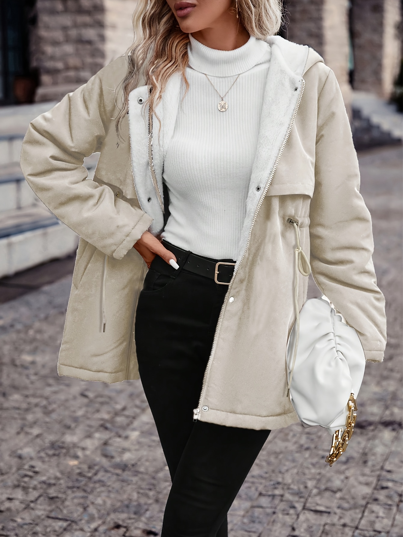manteau d hiver élégant pour femmes avec fermeture éclair intégrale et col à capuche - veste extérieuse style beige, lavable en machine, œuvre structurée quincaillerie ton or texture adaptées aux tenues décontractés & formelles. manteaux hivers femme manteebege vêtements homme Détails du produit 3
