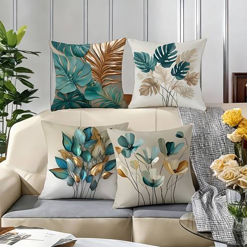 4pcs tropical plant leaf throw pillow covers monstera and print abstract metallic texture and gradient colors soft polyester zipper closure machine washable french style for living room sofa balcony