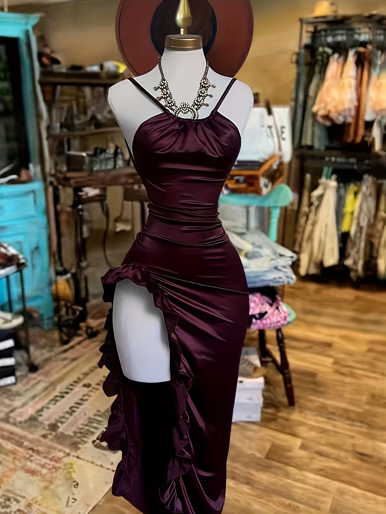 スーツ・フォーマル・ドレス Narrow Strap Camisole Dress western style wine red satin camisole dress thin spaghetti - Temu