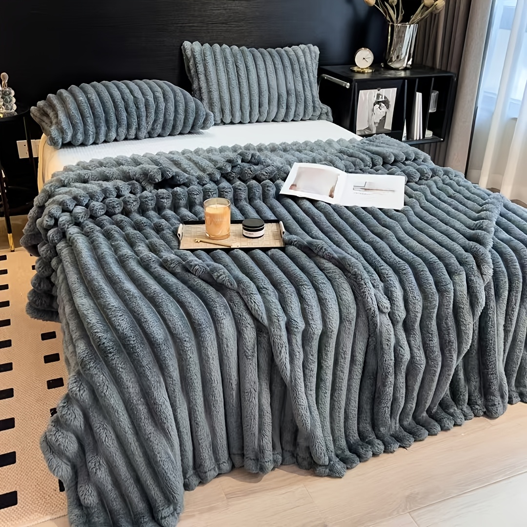 Warm Cozy Flannel Striped Throw Blanket Faux Rabbit Fur