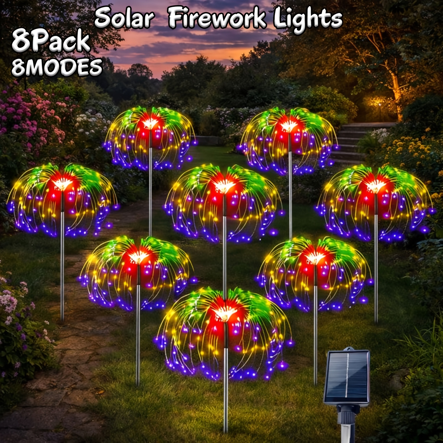 Image of 8/4pcak Outdoor Solar Garden Firework Lights, 8 Flashing Garden Lights, 8modes Landscape Lawn Flashlights, Suitable For Garden , Flowerbed Landscape Decorations