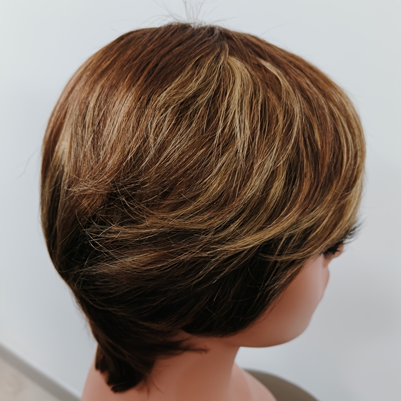 TEMU Perruque en cheveux humains naturels raides adaptée aux de peau - Perruque courte coupe blond miel avec couleur P4/27, élastique pour un port ,