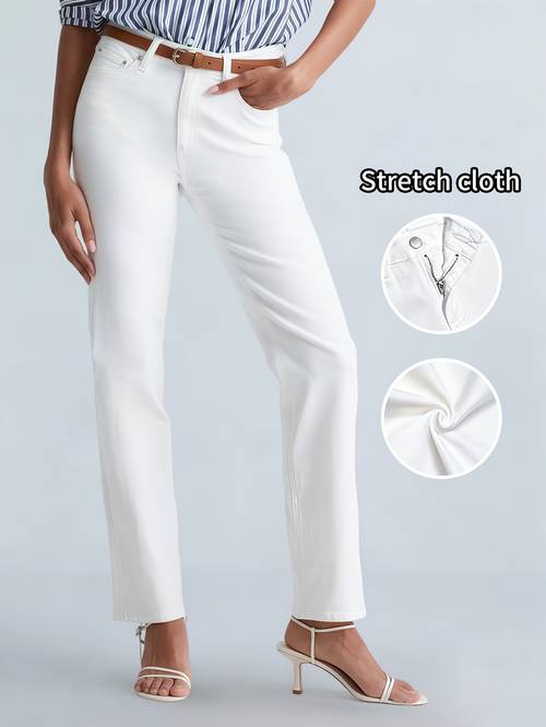womens fit jeans high waisted straight leg denim trousers white tight denim trousers washed solid color pants casual denim suitable for office wearable all year round