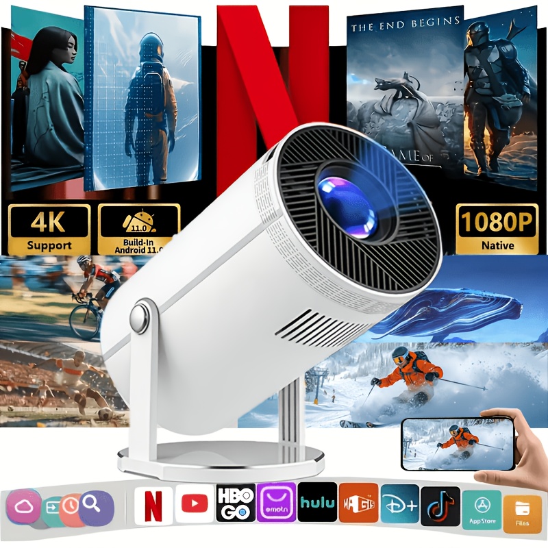 E-shop 4K-fähiger HD-Projektor (nativer 1080P) mit automatischer Trapezkorrektur Stereo-Lautsprechern; 270° flexibler kabelloser Mini-Projektor mit