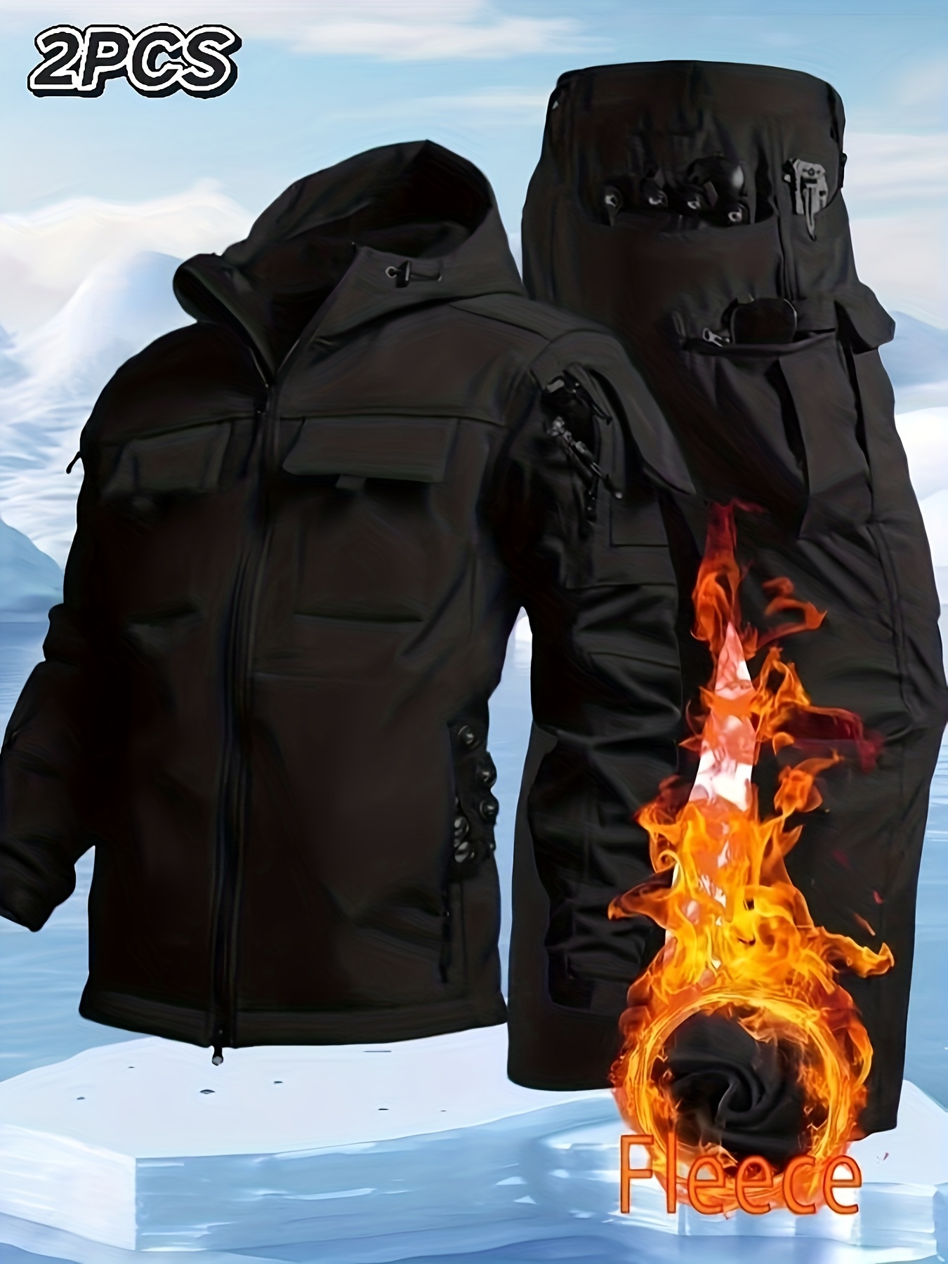 Men's Windproof Hooded Jacket & Insulated Cargo Pants Set