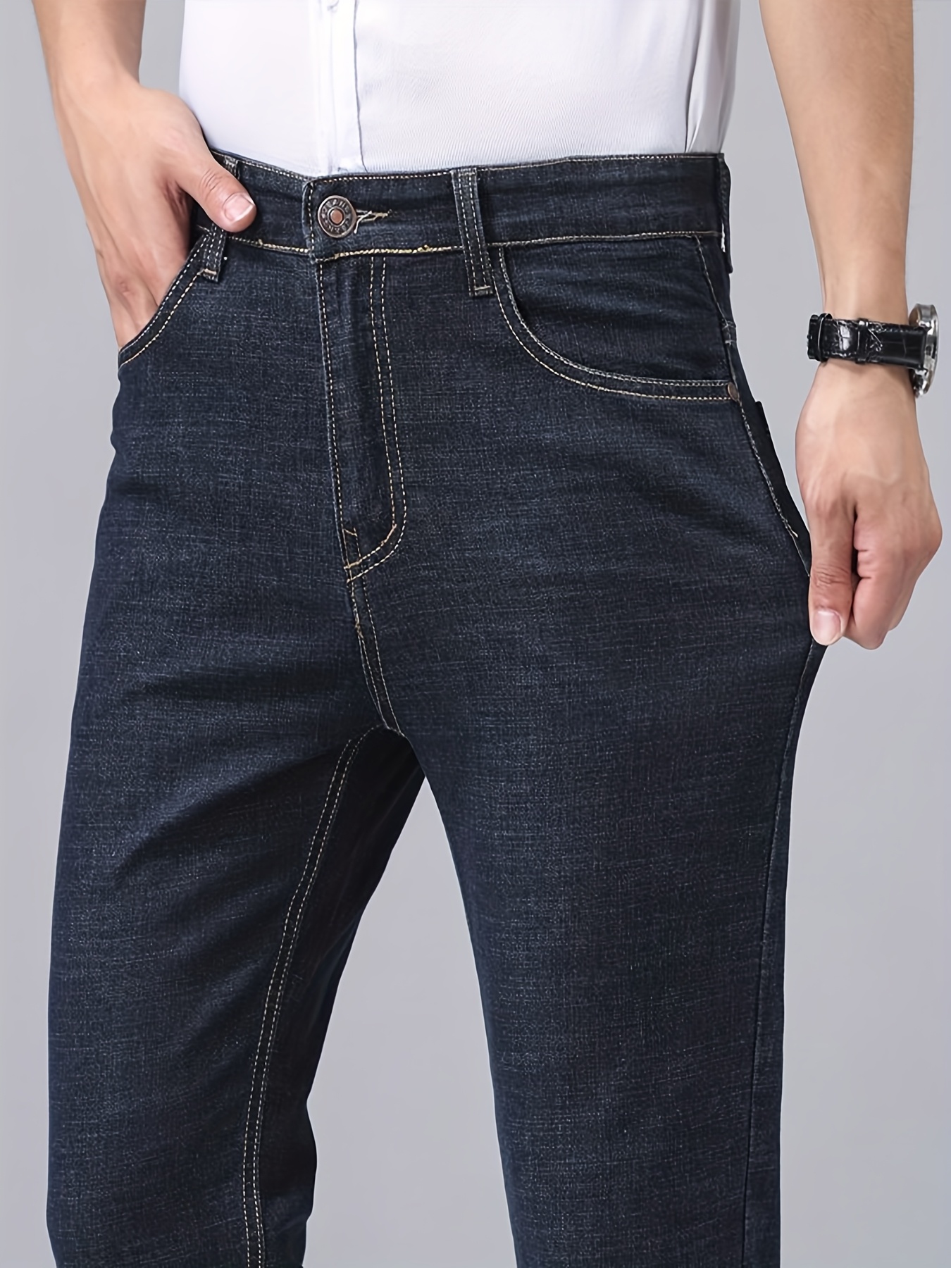 Popular Men's Business Casual Straight-Leg Jeans, Blend Fabric, All-Season Wear, Mid-Rise Design, Durable and Shape-Retaining, Multiple Colors Available, Easy Transition from Work to Casual