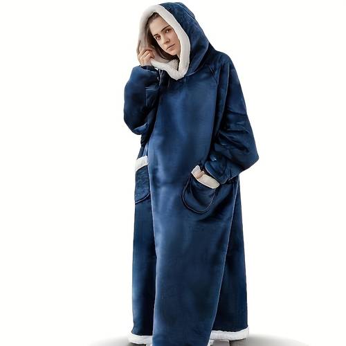 1pc thick warm hoodie flannel extra long wearable blanket for women and men oversized blanket sweatshirt super soft and warm and comfortable winter giant adult wearable blanket hoodie with pockets