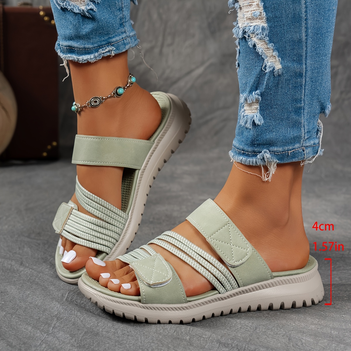 Image of Women's Elastic Webbing Slippers With Fastening, Soft-soled Outdoor Walking Slippers, Women Shoes