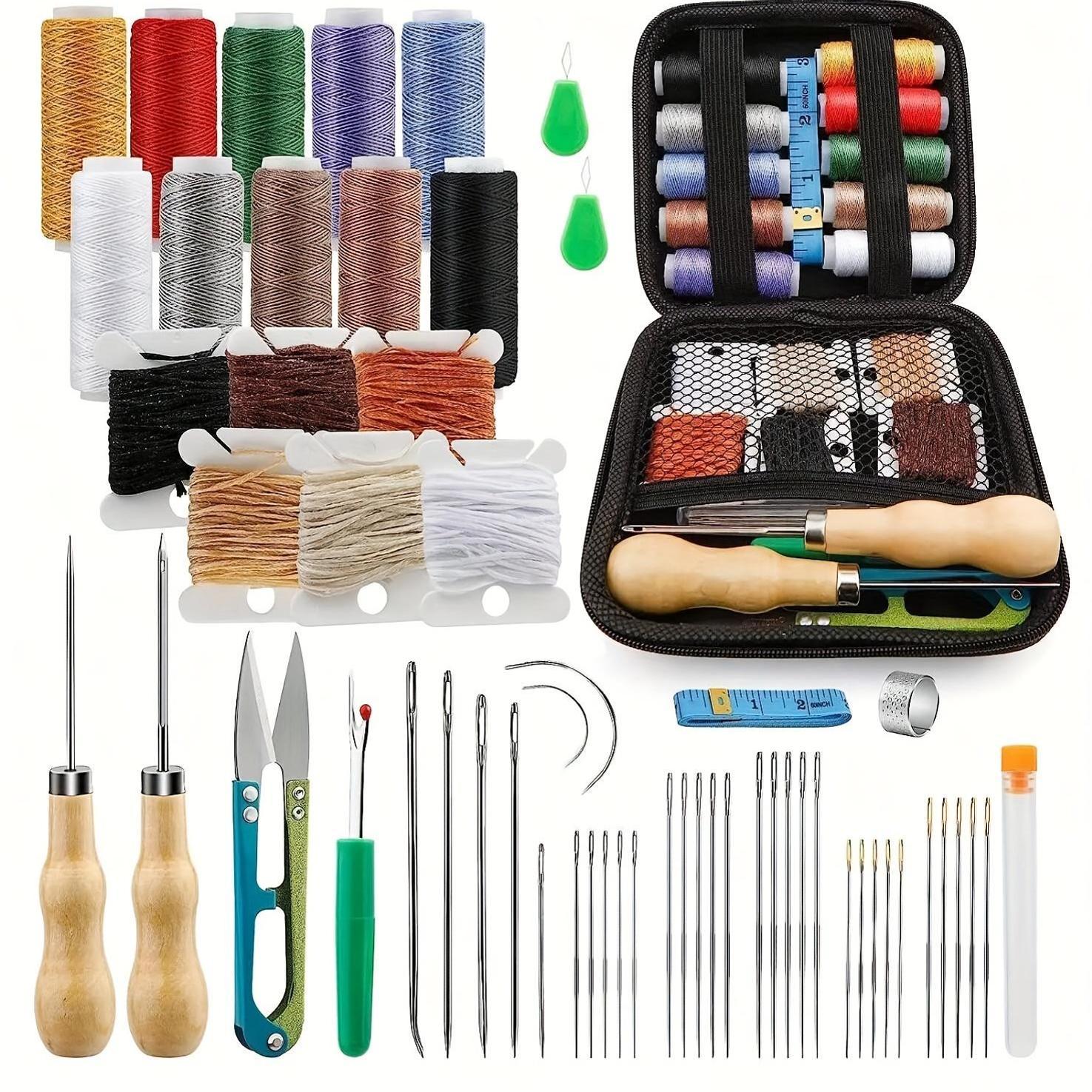 

comprehensive Set" 59-piece Leather Sewing Kit With Heavy-duty Needles, Waxed Thread & Large Eye Stitching Pins - Ideal For Car Seats, Backpacks, Rugs, Boots, Canvas & Sofas