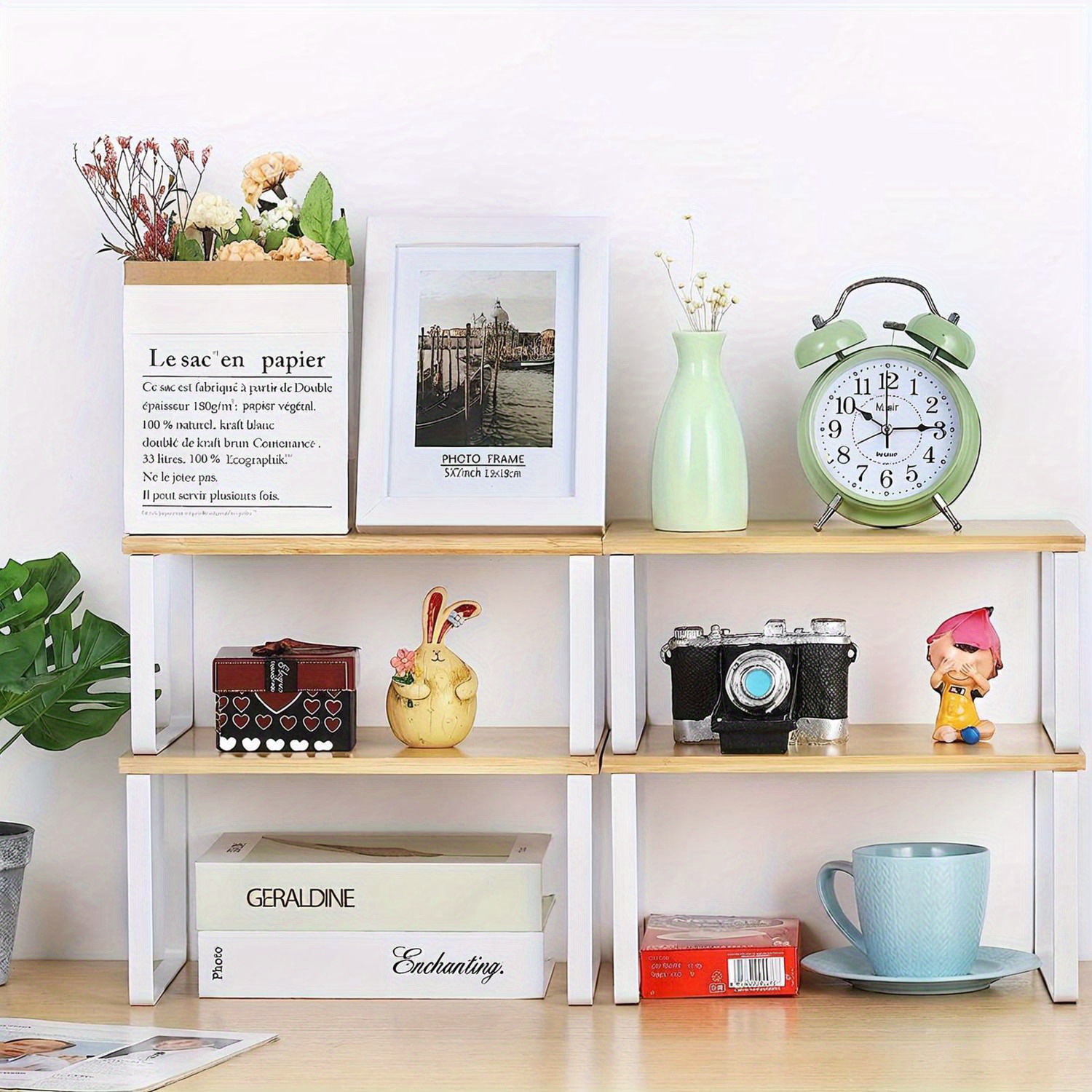 Generico Organizer Per Spezie Espandibile In Bambù Naturale - Mensola A 3 Ripiani, Larghezza Regolabile 30-50 Cm, Impilabile, Per Cucina, Dispensa, Bagno - Set Da 2 Pezzi