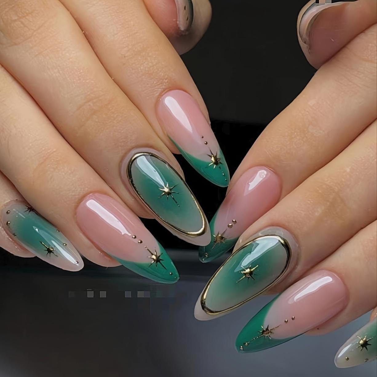 medium almond shaped press nails in emerald green ombre - Temu
