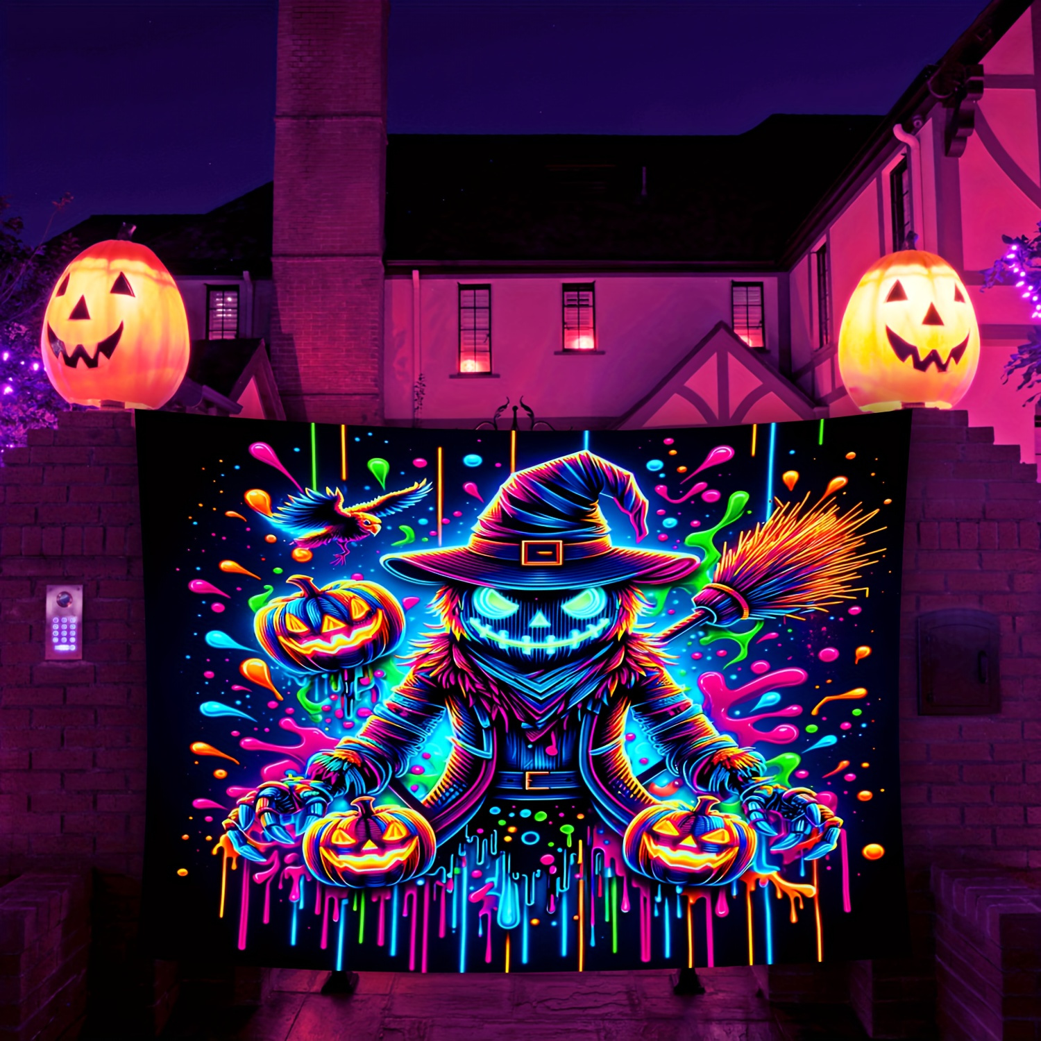 Image of 1pc Vibrant & Jack-o'-lanterns Outdoor Tapestry - -the-dark, Uv Reactive Polyester Decoration Banner With Design, Perfect For Halloween Party & Garden Display, Halloween Decorations