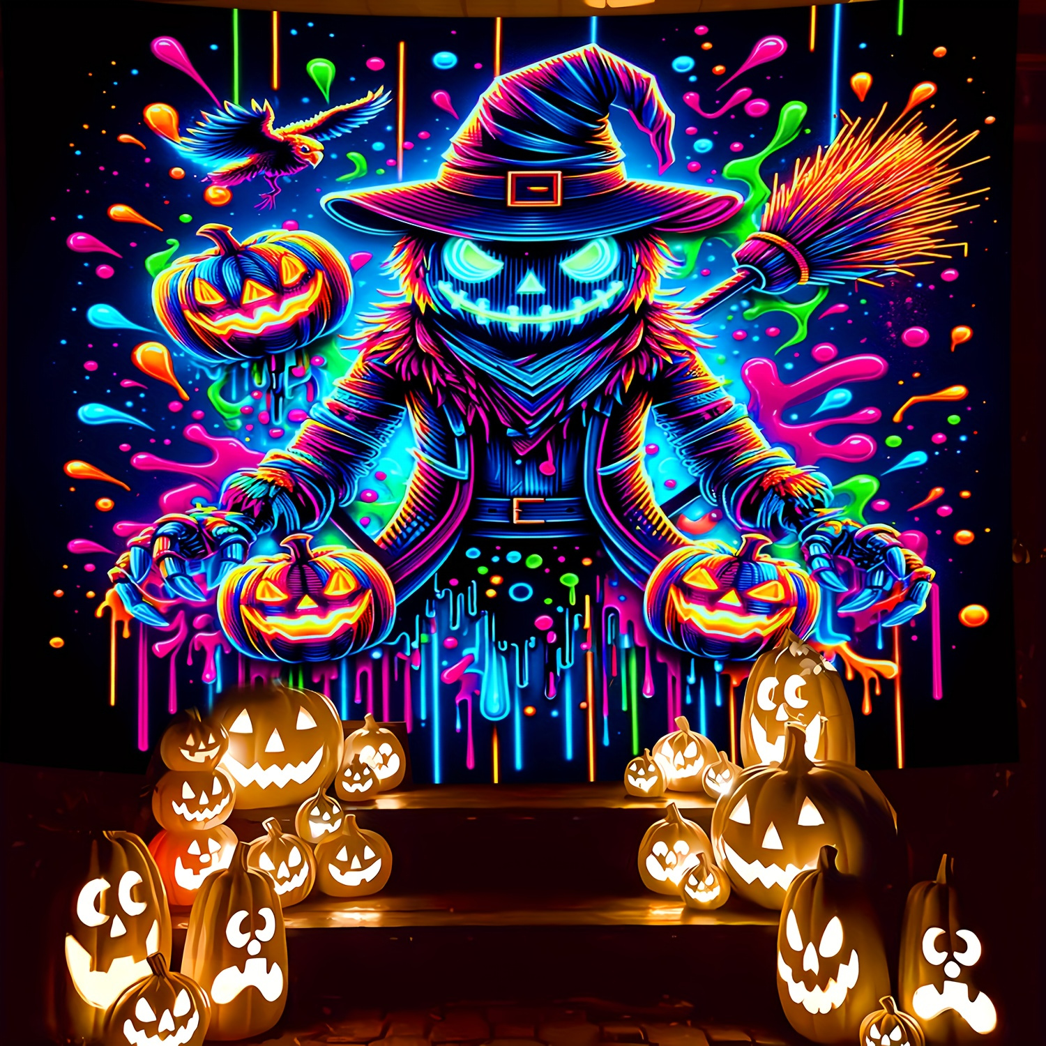 Image of 1pc Vibrant & Jack-o'-lanterns Outdoor Tapestry - -the-dark, Uv Reactive Polyester Decoration Banner With Design, Perfect For Halloween Party & Garden Display, Halloween Decorations