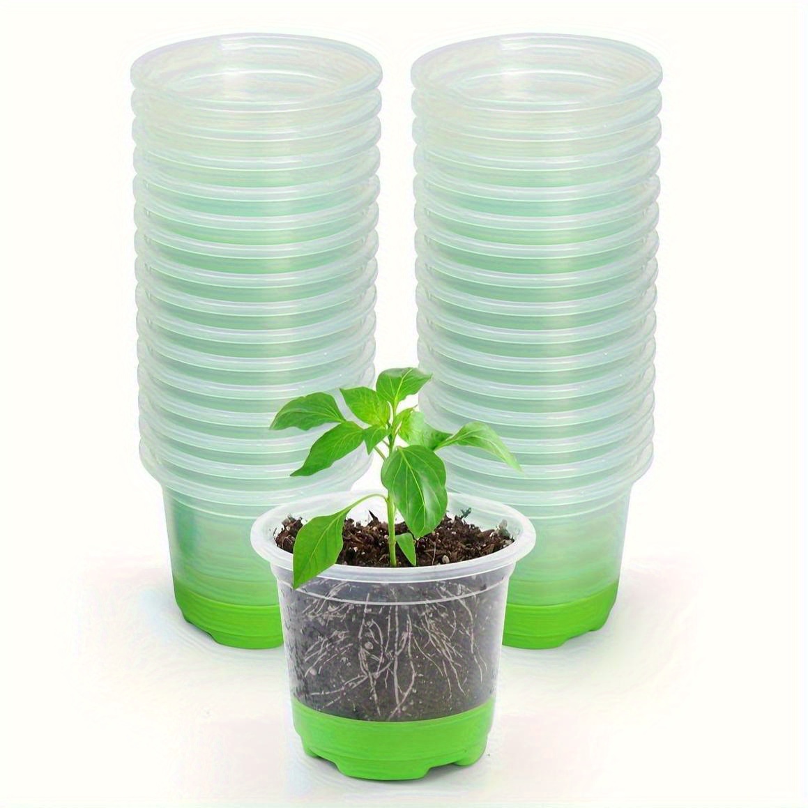 Image of 30pcs 4" Reusable Clear Nursery Pots With Green Silicone Bases - Easy Transplanting & Seedling Growth, Durable Plastic For Seasonal Germination - Ideal For Vegetables & Flowers, Garden Houses