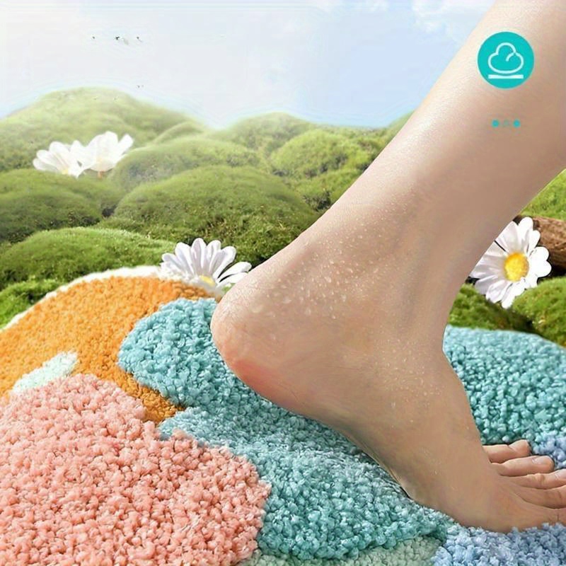 colorful flower shaped non slip bathroom mat soft absorbent durable polyester blend floor mat with vibrant orange   and green petal designs ideal for shower and bathroom use bathroom mat decorative floor mat soft texture mat bathroom mat decor Product details 4