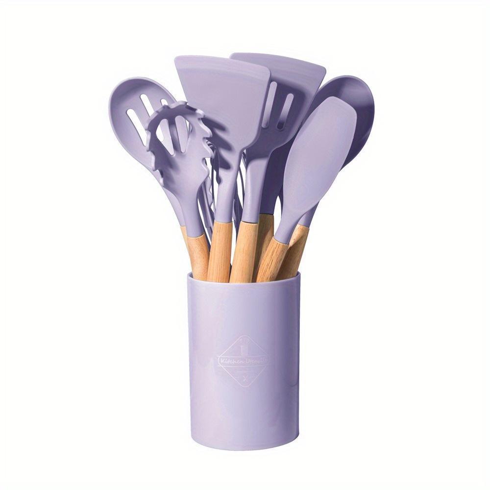 12pcs silicone kitchen utensil set with wooden handles storage barrel   non stick cooking tools for home and restaurant use details 1