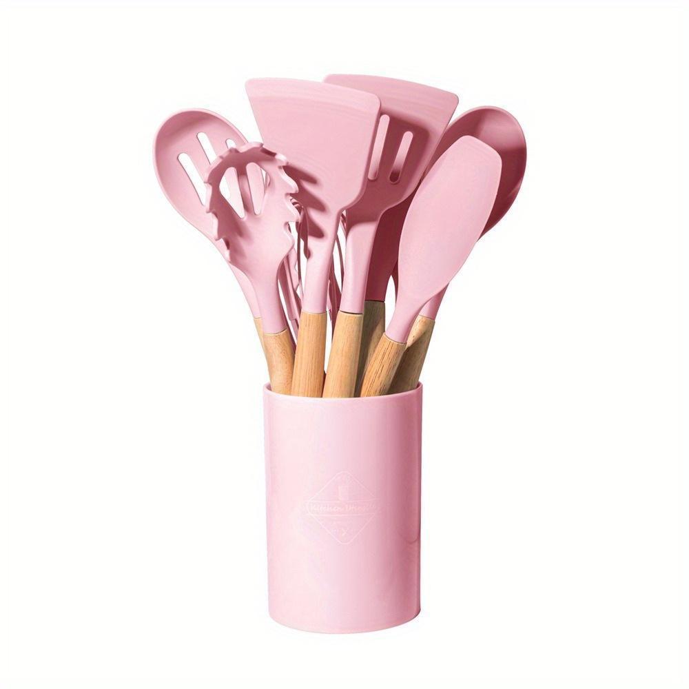 12pcs silicone kitchen utensil set with wooden handles storage barrel   non stick cooking tools for home and restaurant use details 2