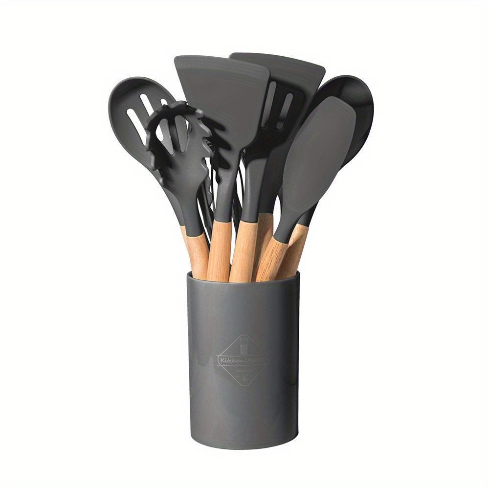 12pcs silicone kitchen utensil set with wooden handles storage barrel   non stick cooking tools for home and restaurant use details 3