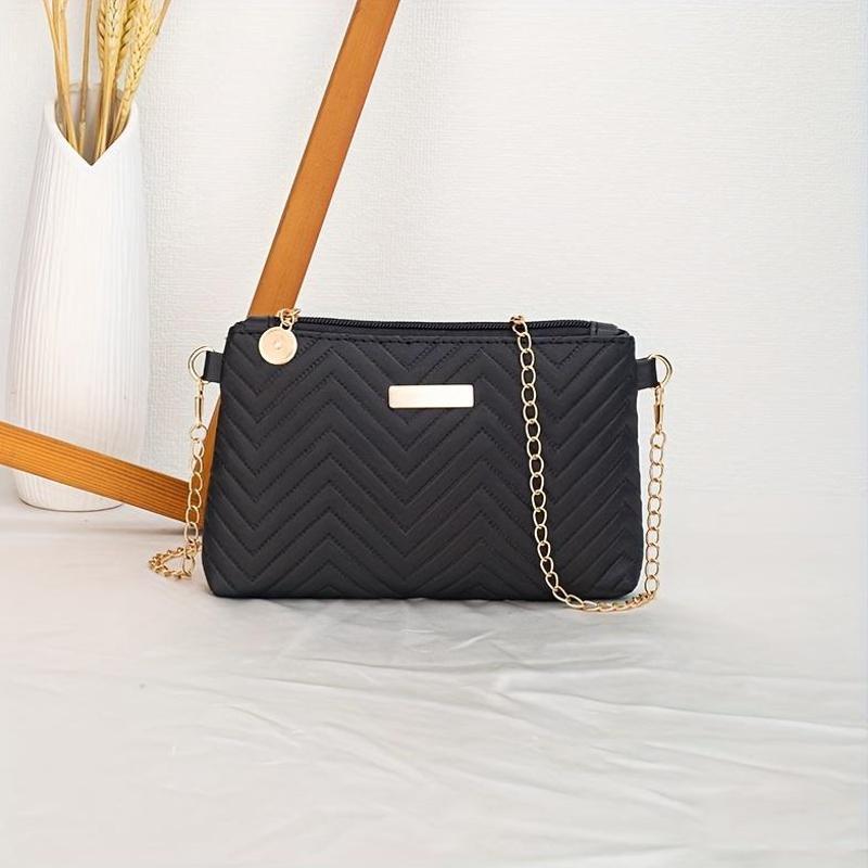 TEMU Pattern Crossbody Bag With Chain Strap - Durable Leather, Zip Closure, Polyester Lined For Use, Shoulder Bag