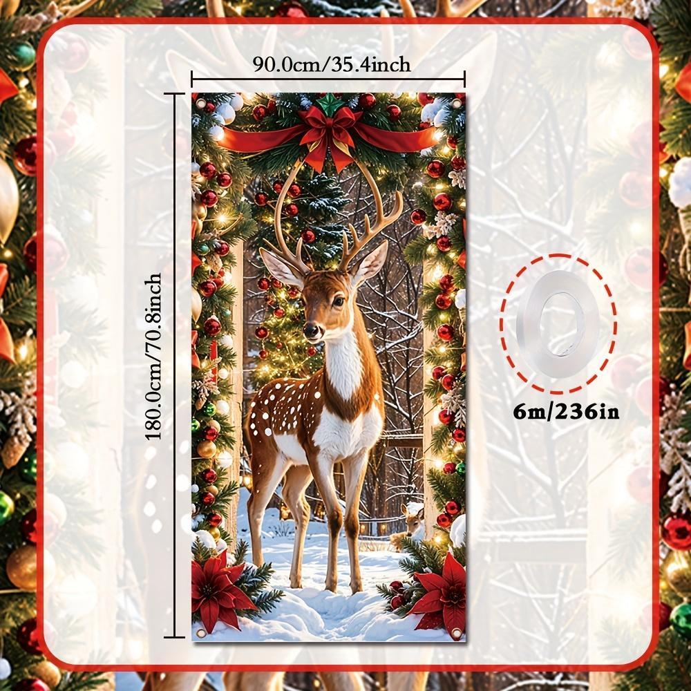 Image of Merry Christmas Door Banner With Elk & Red Bow - Snowy Scene, Polyester, Indoor/outdoor Decor, Parties, And Photo Props, 35.4x70.8 Inches