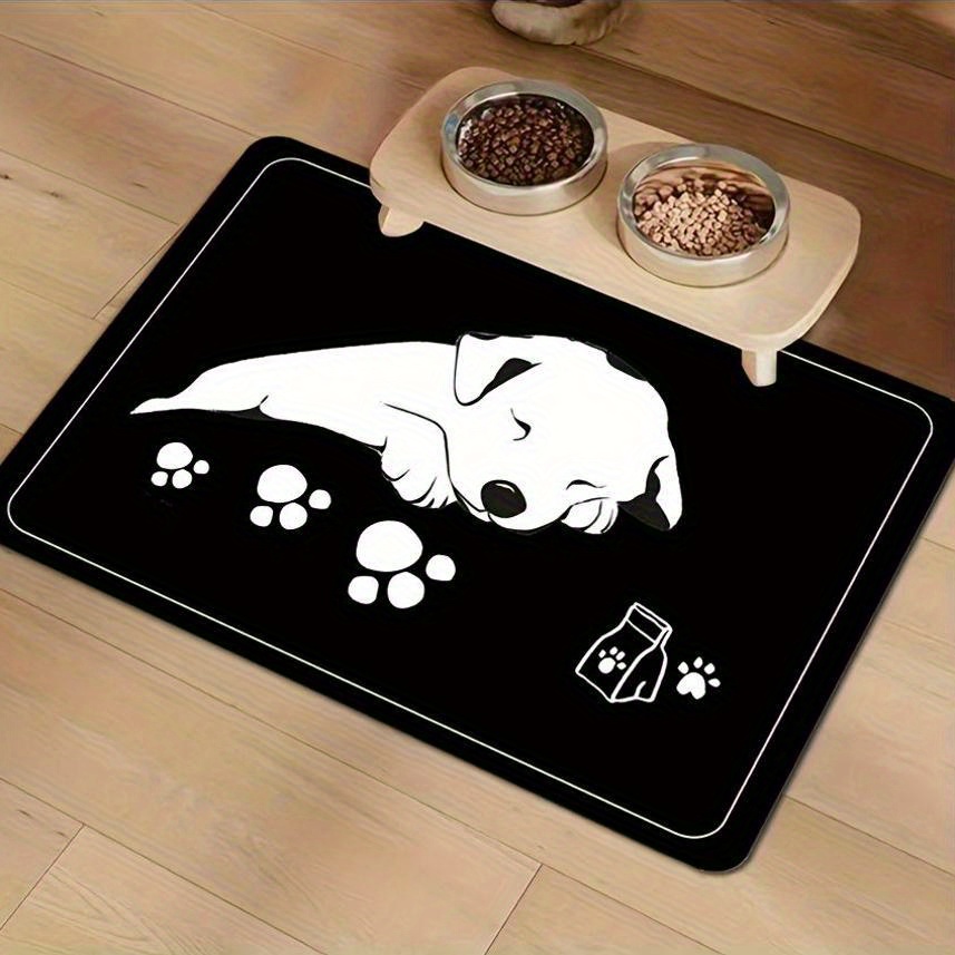 

1pc Tapis d'Alimentation pour Animaux de Compagnie Noir avec Design de Chien Blanc, Absorbant à Séchage Rapide avec Support Antidérapant - Idéal pour Chiens et Chats, Matériau en Polyester