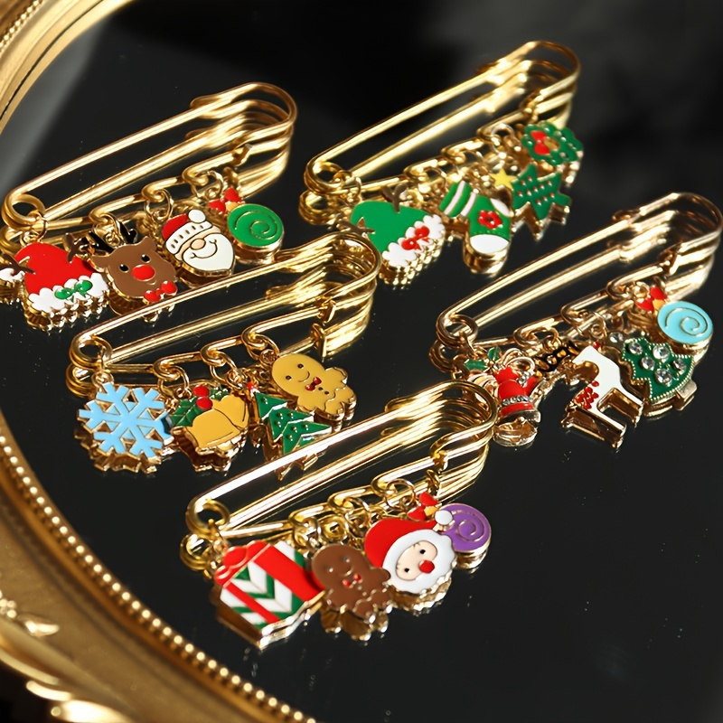 

5pcs Christmas Brooch Set - Tree, , Snowflakes, Socks & Elk Designs - Alloy Metal Pins For Clothing And Backpacks - Gift