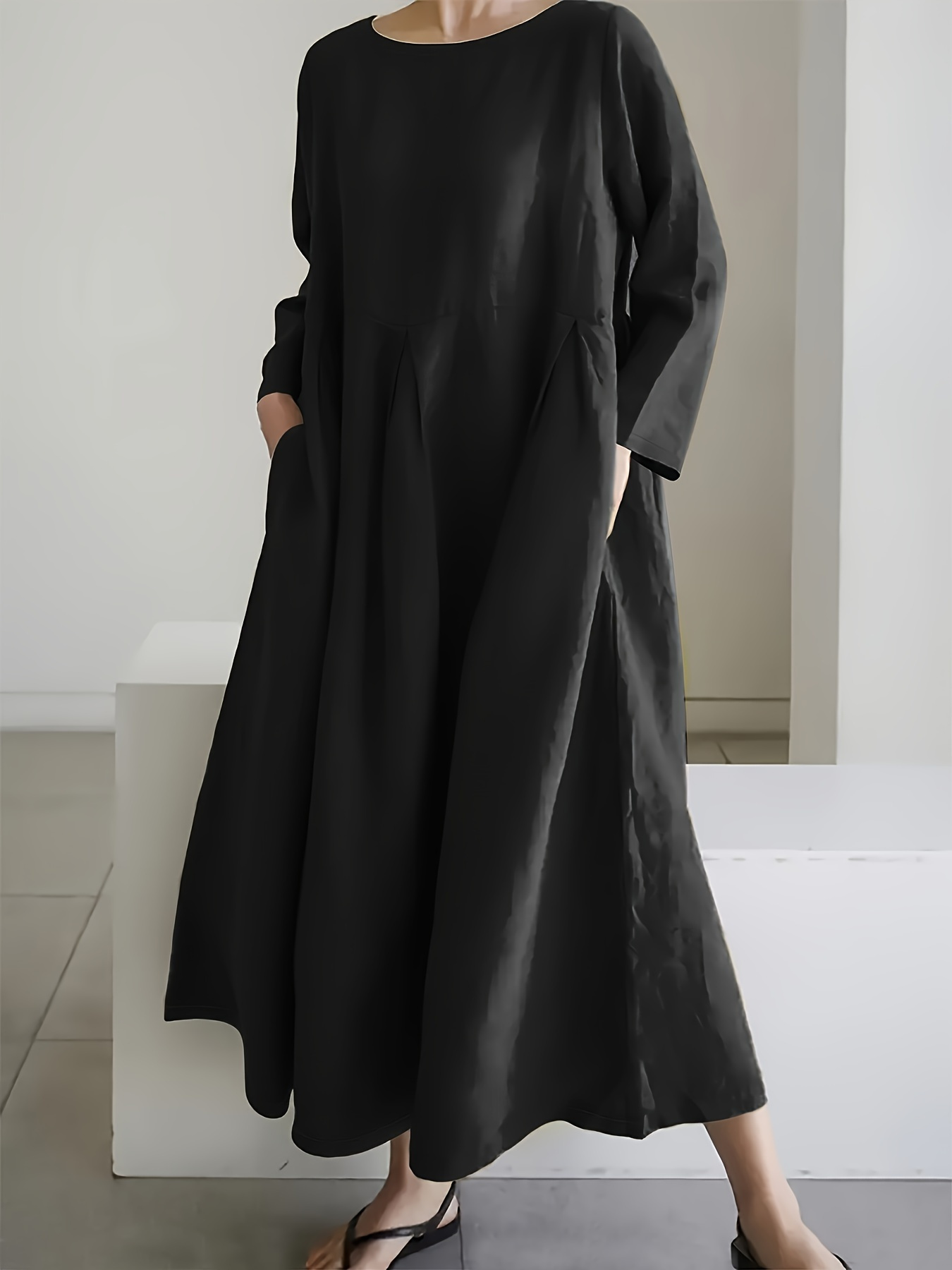 Plus Size, 2024 * High-Waist Knee-Length Dress, Casual Solid Color  Versatile Long Sleeve Loose Fit Dress