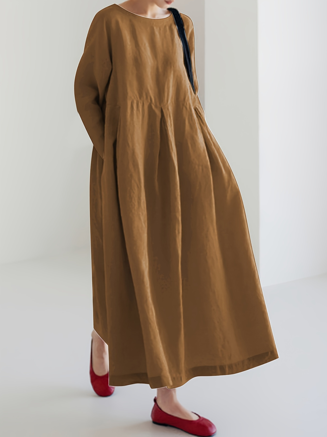 Casual Women's Midi Dress - Plus Size Cotton Linen Long Sleeve Tunic Kaftan Dress, Solid Color, Loose Fit, Khaki