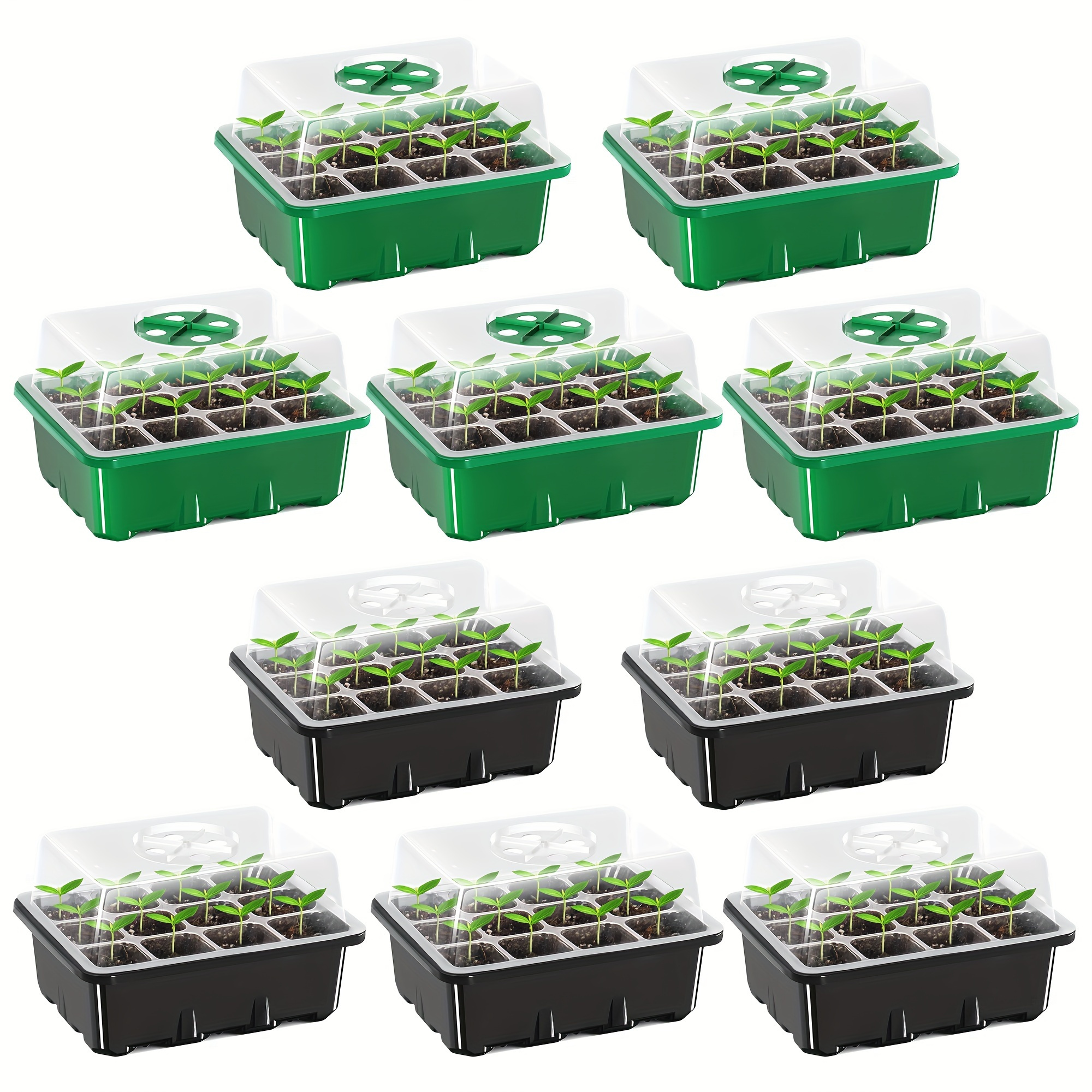 

10pcs Seed Tray With Elevated Lid, 120 Cells Thicken Seed Starting Trays Kit With Adjustable Humidity Vent, Clear Cell Tray And Heightened For Greenhouse & Gardens, 5 Green 5 Black, Garden Houses