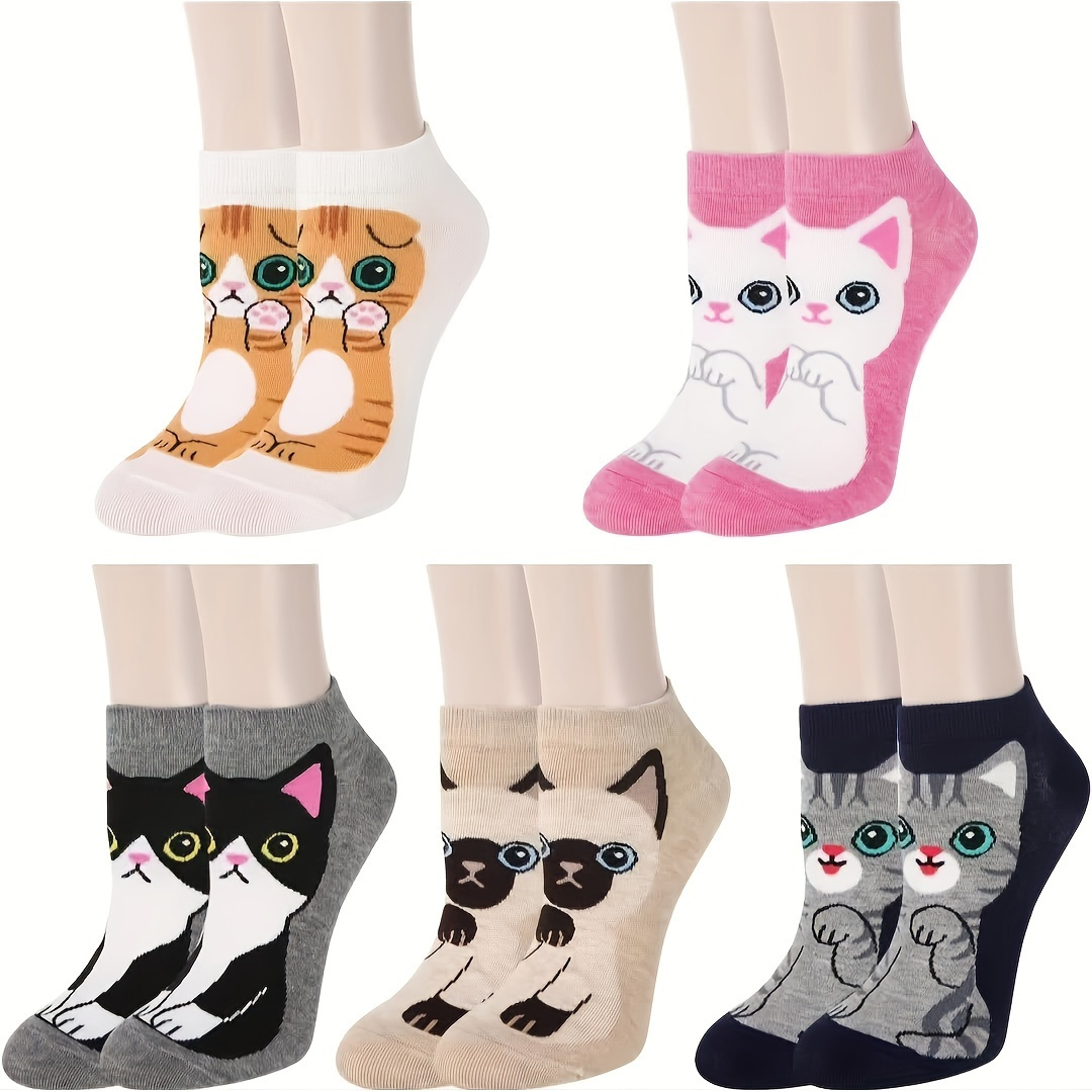 

5-pair Print Socks Set, Comfortable Cute Novelty Short And Crew Socks For Women, Polyester And Spandex , Machine Washable, Knitted Fabric, Age 14+