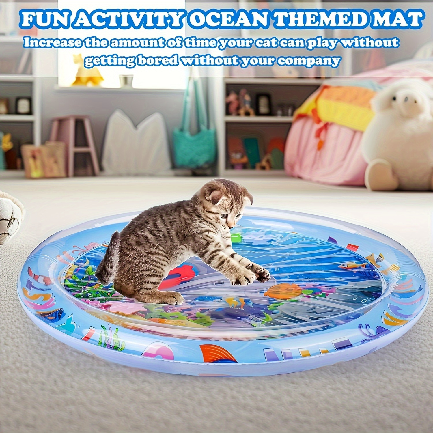 

Tapis de Jeu Interactif pour Chat aux Éclaboussures avec Design de Poissons Flottants - PVC , Compatible avec du Robinet Intérieur & le Soulagement de l'Ennui