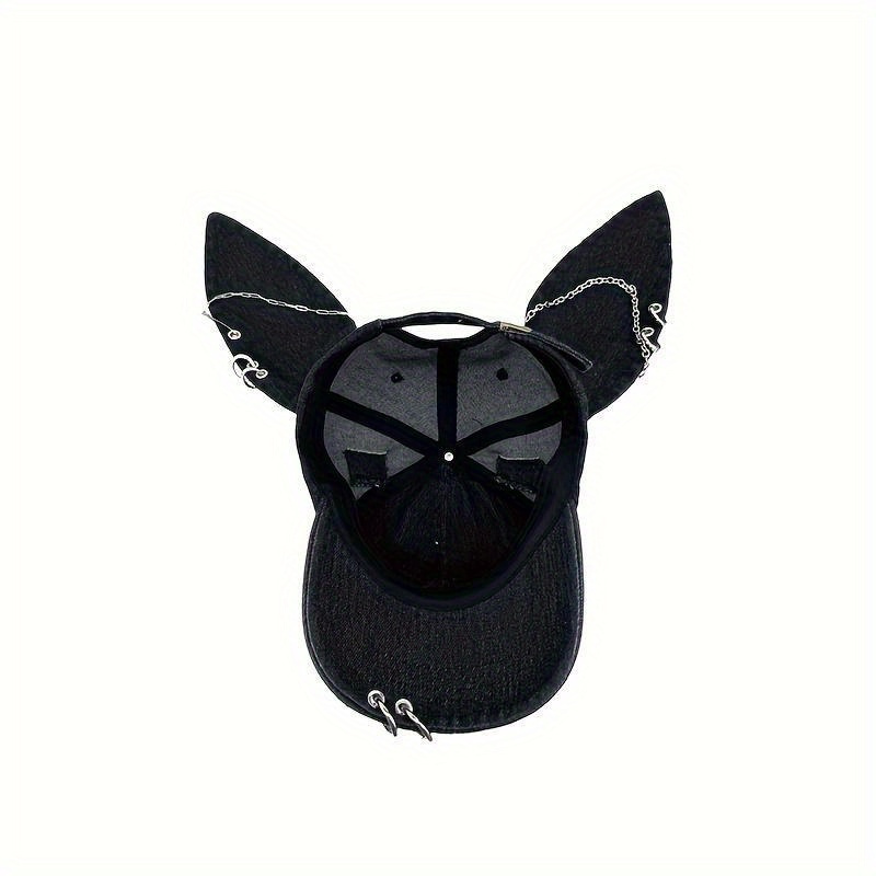 Abrand Black & Red Distressed Denim Bunny Ear Hat with Chains Wasteland Bunny Ear Distressed Denim Baseball Cap – KIIKIO main image 3