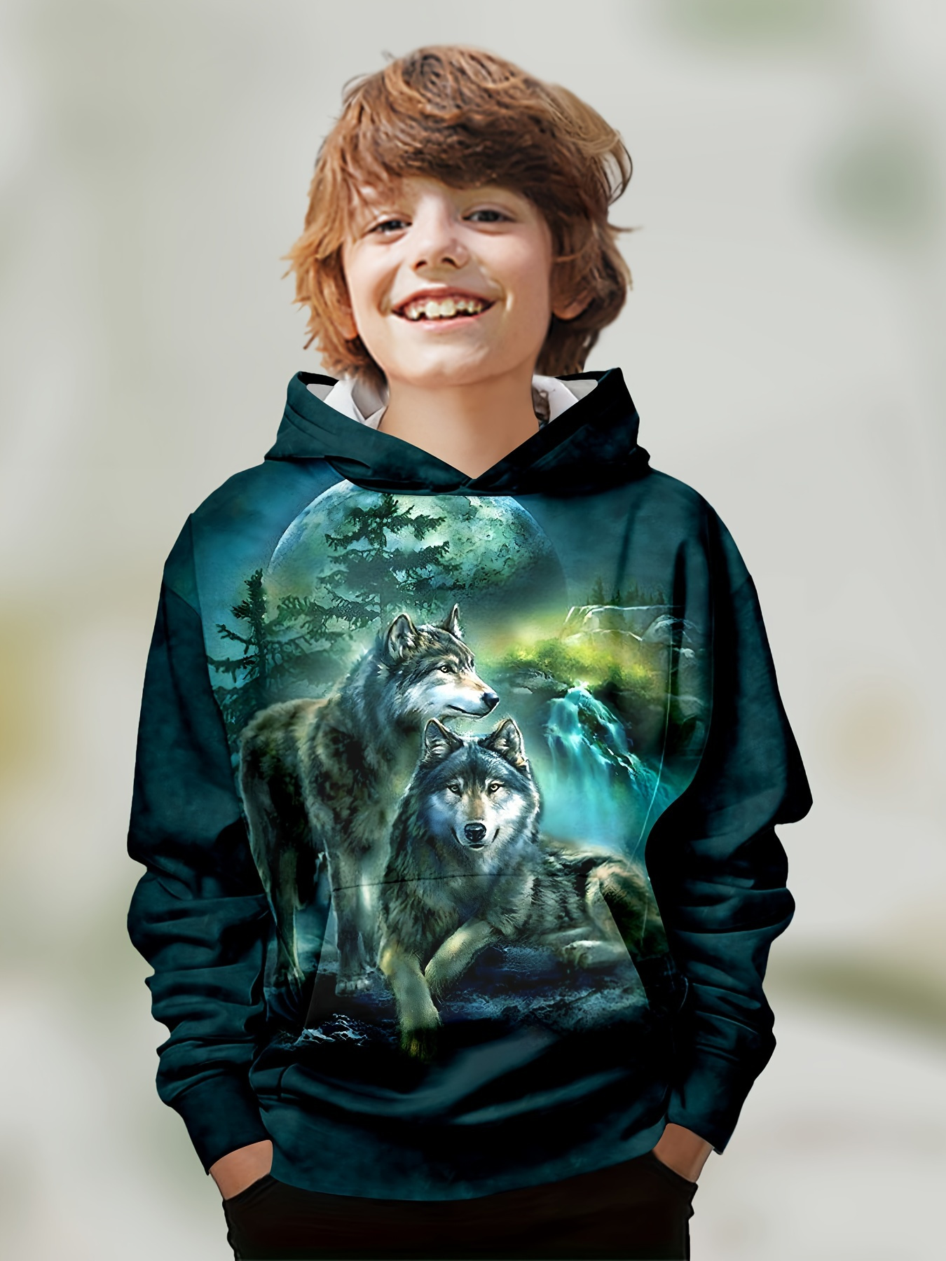 boys 3d wolf print hoodie cozy polyester blend long sleeve Temu