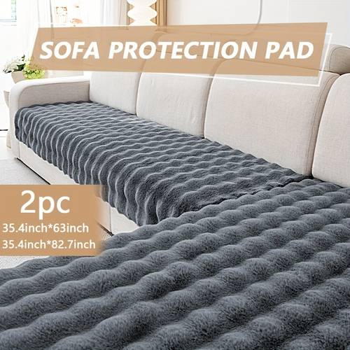 2pcs luxurious faux rabbit fur sofa pads ultra soft thick plush for pet friendly non slip couch protector machine washable fits 2 3 4 seater sofas grey