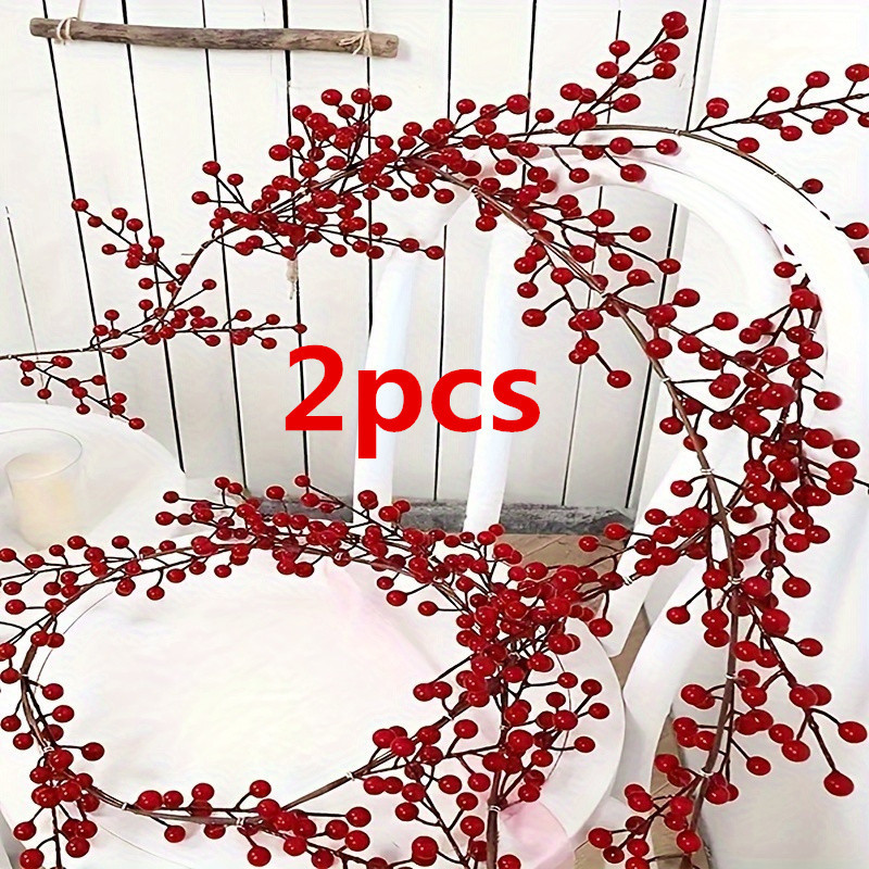TEMU 2pcs Sparkling 69" Artificial Vine - Lifelike Red Holly Garland For Home, Weddings