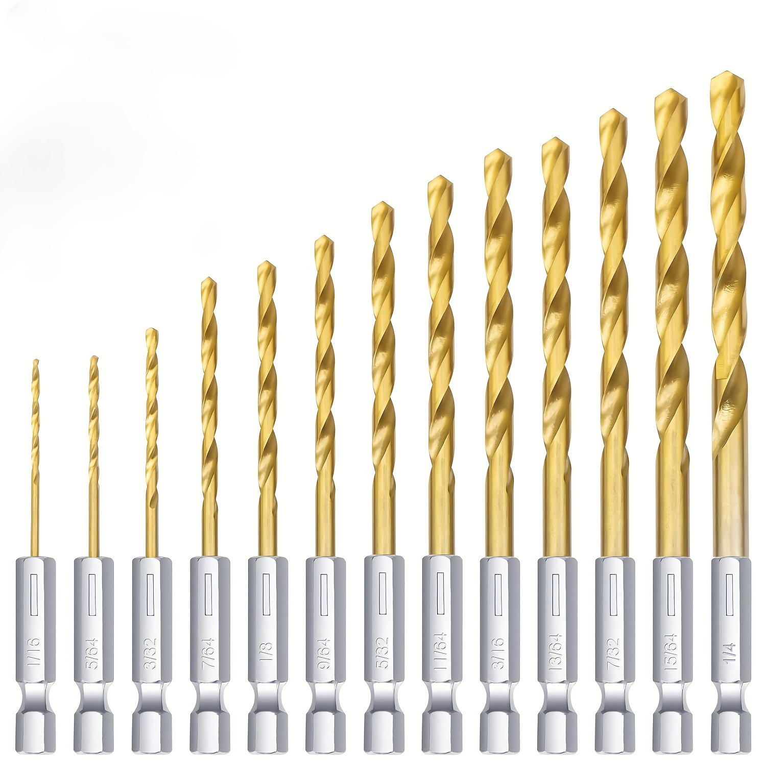 

Titanium-coated Steel Drill Bit Set, 13pcs, Hex Shank, Steel, Aluminum & Copper - Sizes 1/16" To 1/2", Includes Storage Case