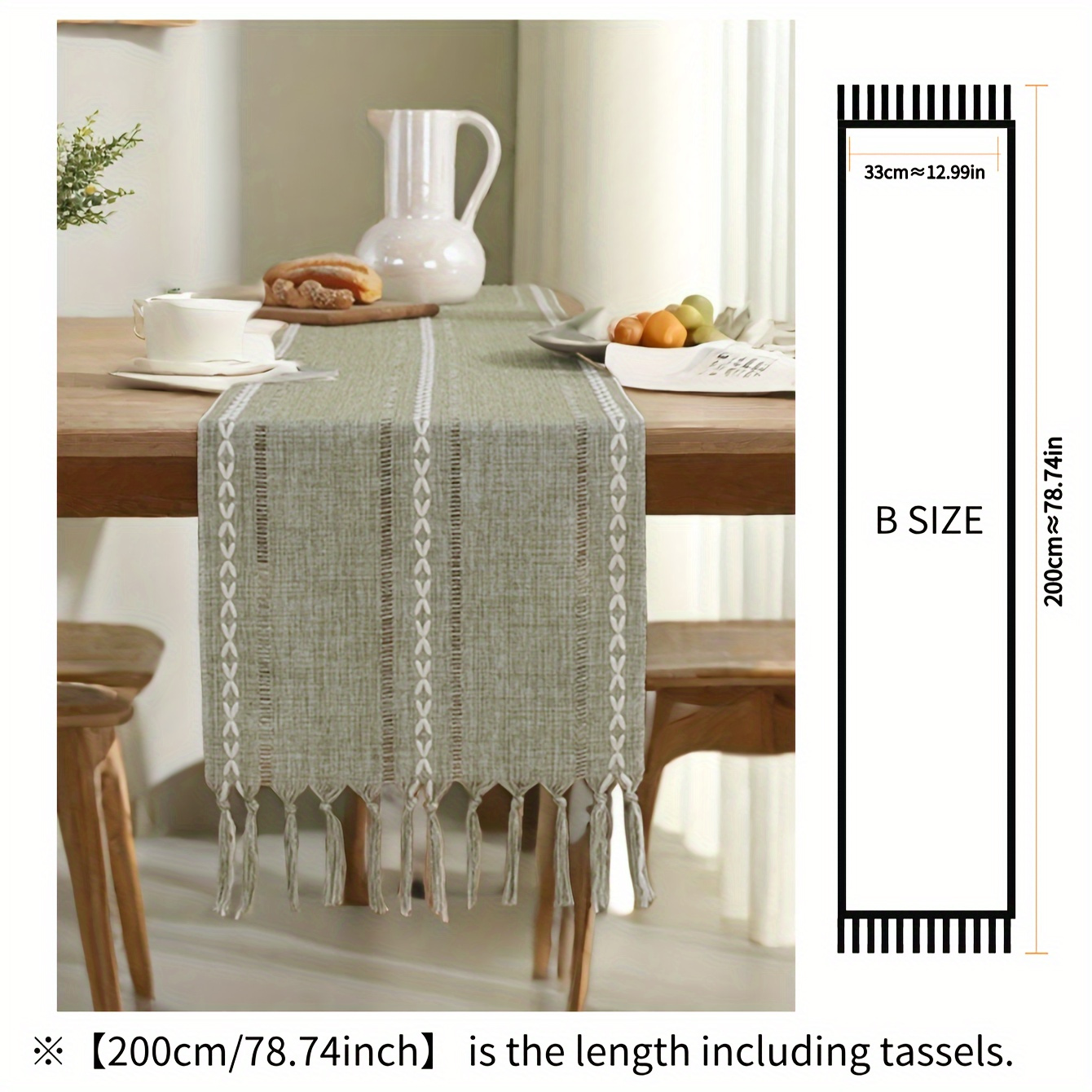 1pc Green Hollowed Out Table Runner With Hand Tassel, Suitable For Home, Kitchen, Restaurant, Table Decoration, Fabric Jacquard Tablecloth