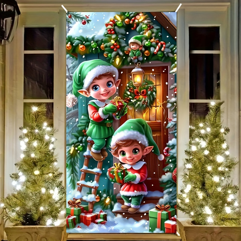 TEMU 2d Flat, 2d Flat - 2d Flat, 2d Flat - 2d Flat Banner 1pc Holiday Christmas Door Cover, Colorful Cartoon Snowflakes And Green Hats Elf Design,