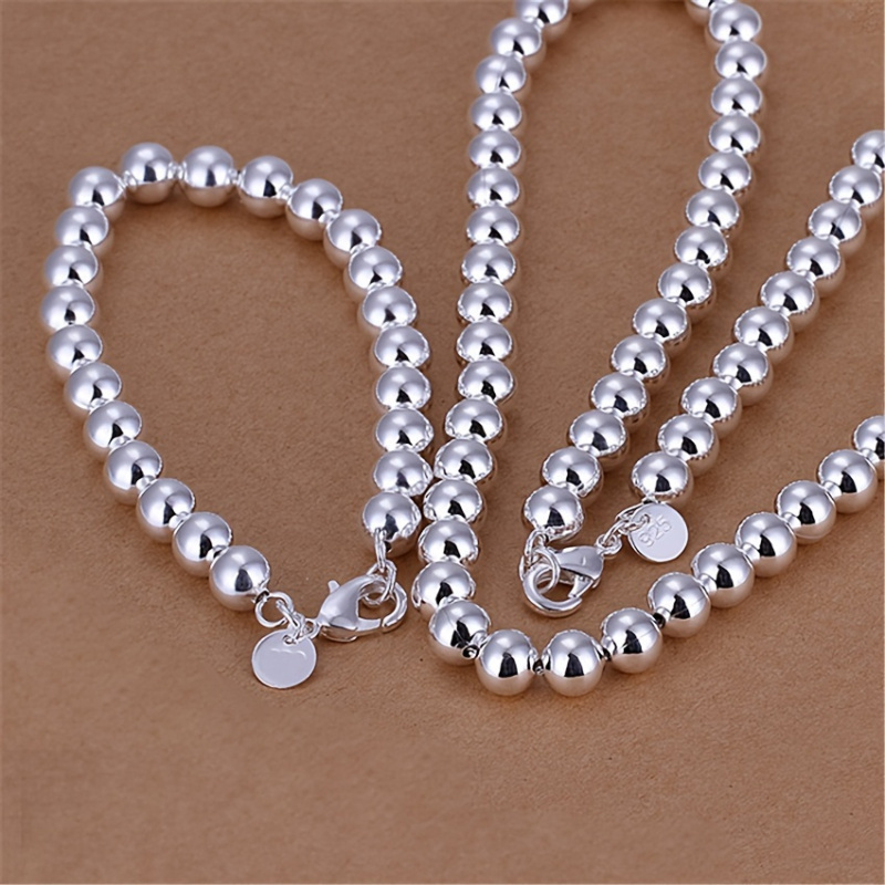 

Chic 2pcs Set: 925 Sterling Silver Beaded Bracelet & Necklace - Hypoallergenic, White, Ideal For Casual Wear Or Gifting, Silvery